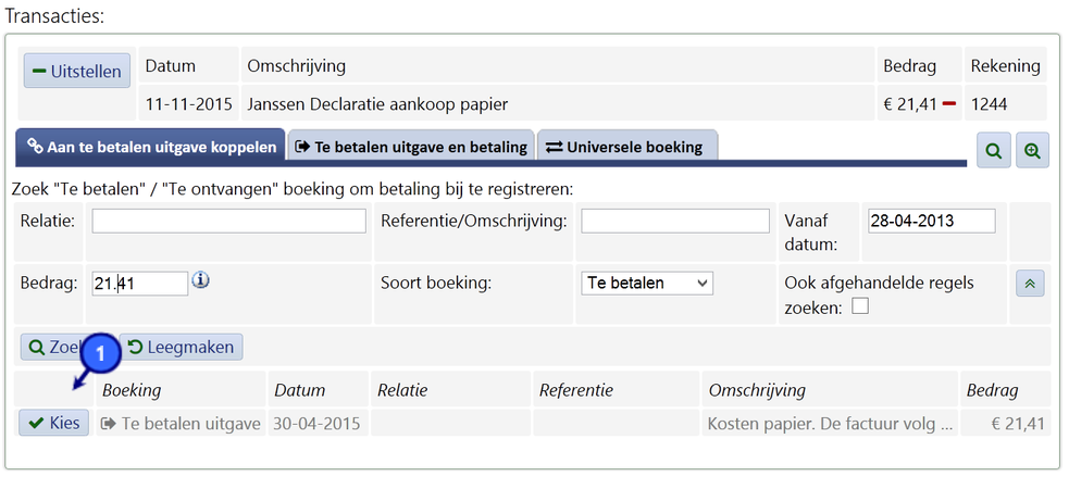 Het scherm: Uitgave betaald, zoeken