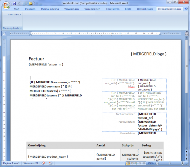 Sjabloon veldcodes weergeven