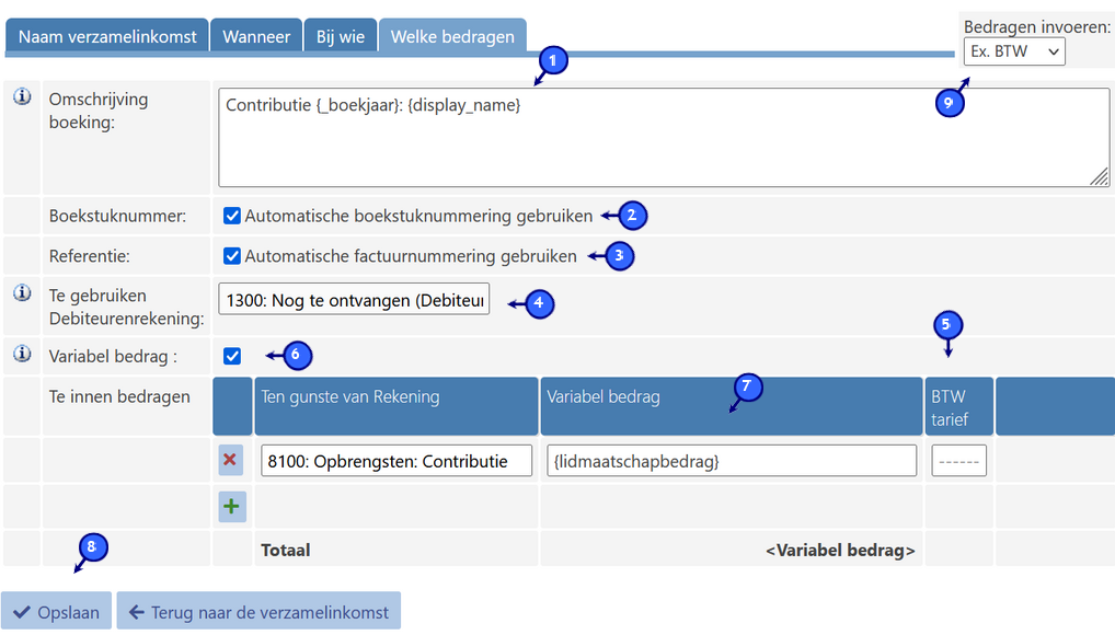 Inning aanmaken: Beschrijving inning