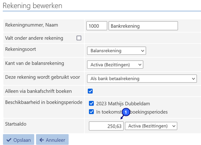 Een rekening wijzigen om een startbalans toe te voegen
