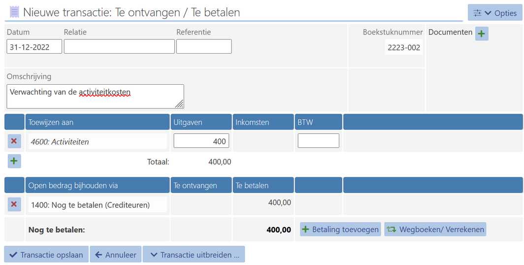 boek de verwachtte inkomst